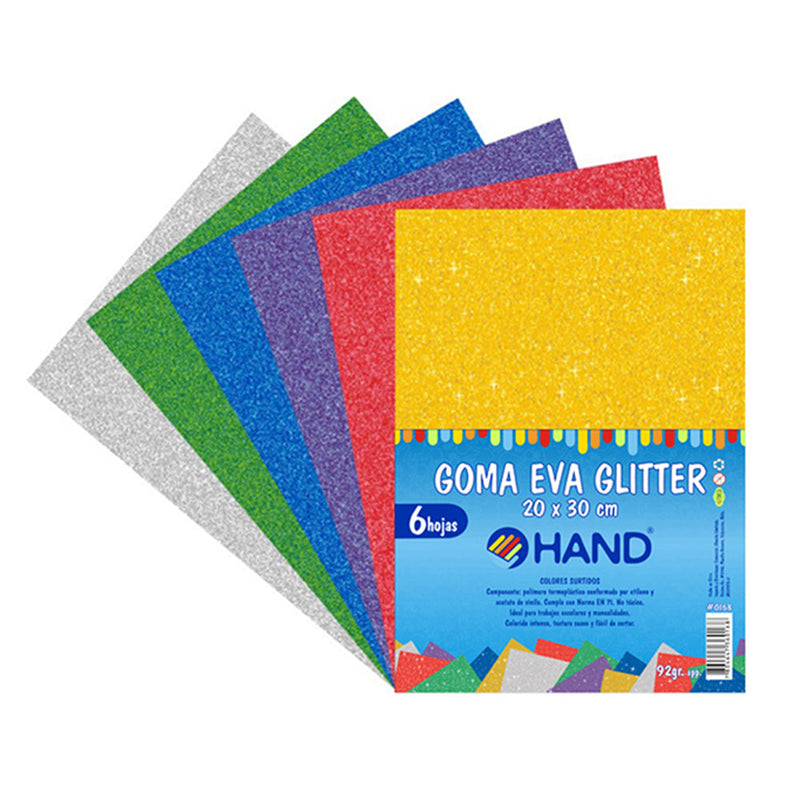 GOMA EVA GLITTER 20 X 30 CM COLORES SURTIDO 6 UN (6852111630544)