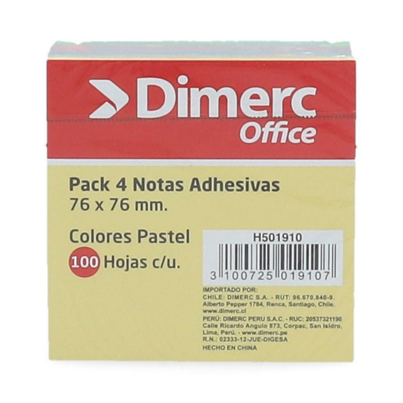 NOTA ADHESIVA 4 UN X 100 HOJAS 7.6 X 7.6 CM SURTIDO PASTEL 654 BLOCK (6851942187216)